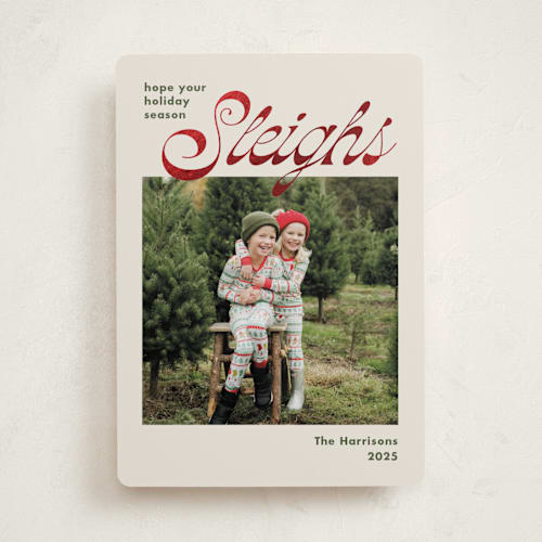 This is a wreath foil pressed holiday cards with foil pressed by Megan Davis called sleighs printing on recycled smooth signature in standard