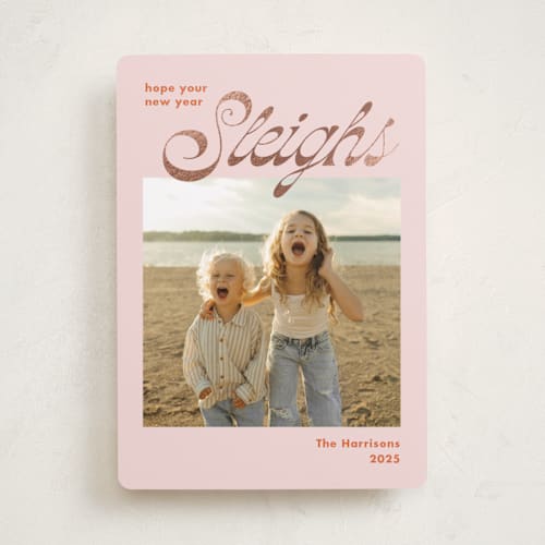 This is a spice foil pressed holiday cards with foil pressed by Megan Davis called sleighs printing on recycled smooth signature in standard