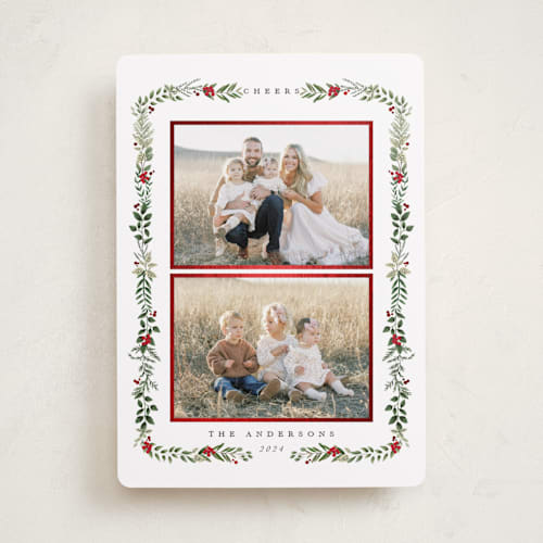 This is a crimson foil pressed holiday cards with foil pressed by Susan Moyal called peace & love printing on recycled smooth signature in standard