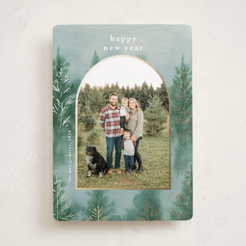 This is a evergreen forest foil pressed holiday cards with foil pressed by Petra Kern called deepest forest printing on recycled smooth signature in standard