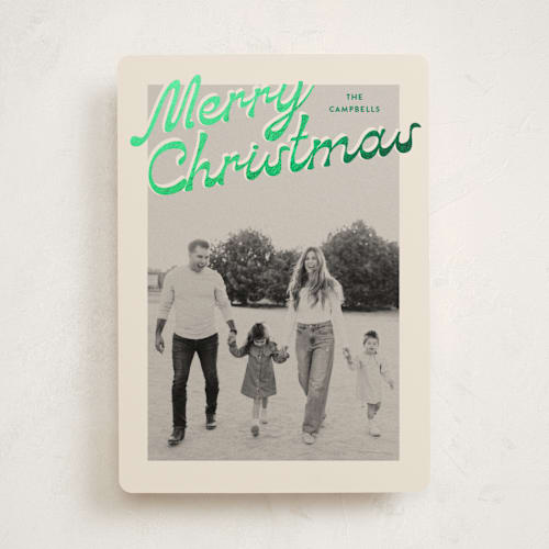 This is a wreath foil pressed holiday cards with foil pressed by Ekko Studio called nostalgia printing on recycled smooth signature in standard