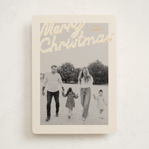 This is a butterscotch foil pressed holiday cards with foil pressed by Ekko Studio called nostalgia printing on recycled smooth signature in standard
