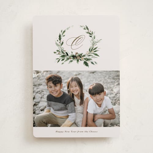 This is a vintage foil pressed holiday cards with foil pressed by Kate Ahn called rustic wreath printing on recycled smooth signature in standard