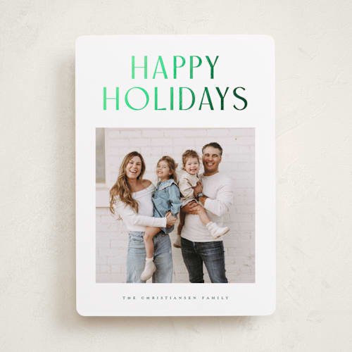 This is a evergreen foil pressed holiday cards with foil pressed by Wildfield Paper Co called slate printing on recycled smooth signature in standard