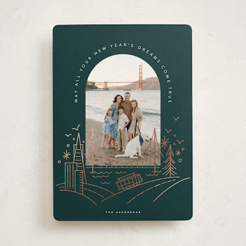 This is a pine needle foil pressed holiday cards with foil pressed by Yuliya Evseeva called happy in san francisco printing on recycled smooth signature in standard