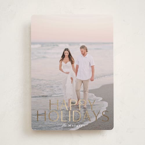 This is a snow foil pressed holiday cards with foil pressed by Angela Thompson called gilded holidays printing on recycled smooth signature in standard