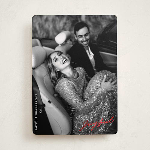 This is a snow foil pressed holiday cards with foil pressed by Christie Garcia called darling joyful printing on recycled smooth signature in standard