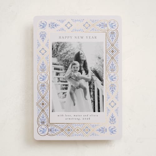 This is a blue spruce foil pressed holiday cards with foil pressed by Ana de Sousa called symbols of faith printing on recycled smooth signature in standard