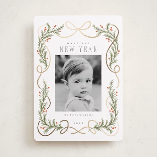 This is a snow foil pressed holiday cards with foil pressed by Laura Hankins called curling ribbon printing on recycled smooth signature in standard