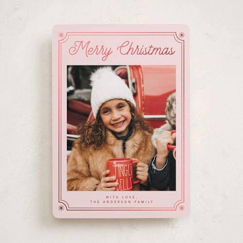 This is a winter rose foil pressed holiday cards with foil pressed by Cass Loh called ticket frame printing on recycled smooth signature in standard