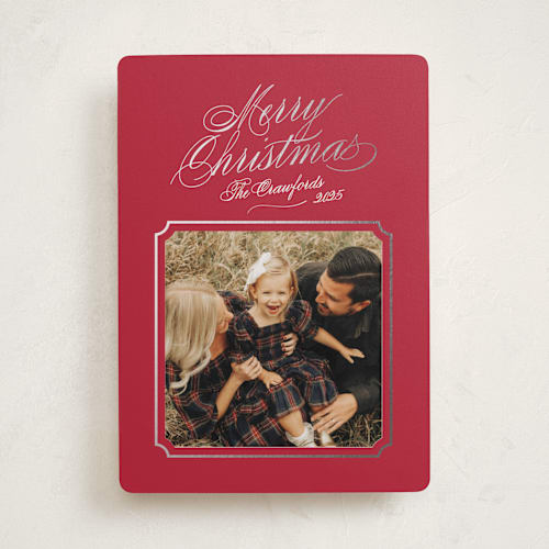 This is a ruby foil pressed holiday cards with foil pressed by Alston Foster called silver bells printing on recycled smooth signature in standard