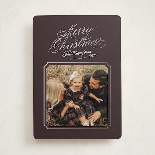 This is a chocolate foil pressed holiday cards with foil pressed by Alston Foster called silver bells printing on recycled smooth signature in standard