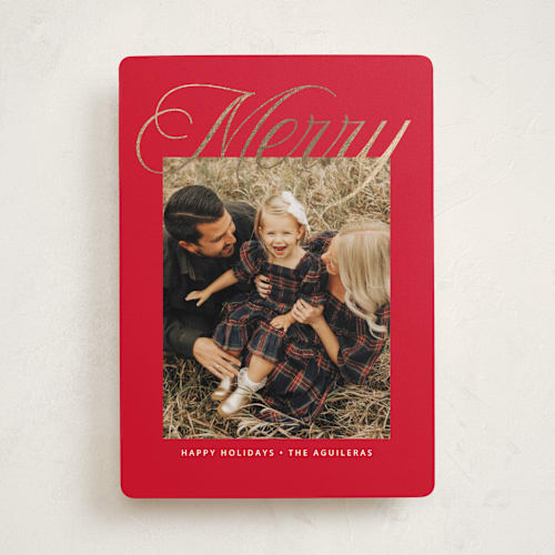 This is a reindeer nose foil pressed holiday cards with foil pressed by Susan Asbill called merry overlay printing on recycled smooth signature in standard