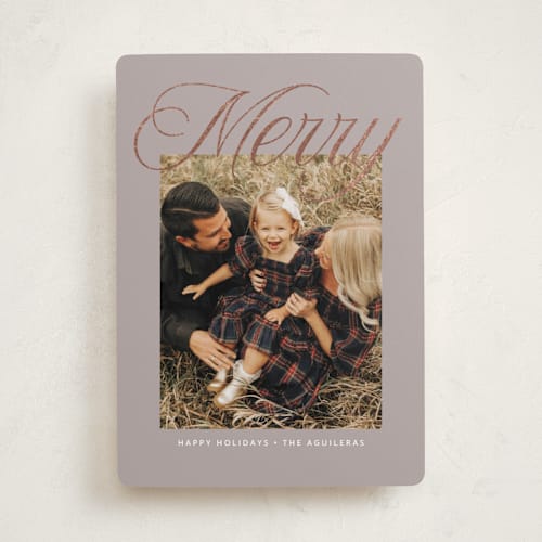 This is a stone foil pressed holiday cards with foil pressed by Susan Asbill called merry overlay printing on recycled smooth signature in standard