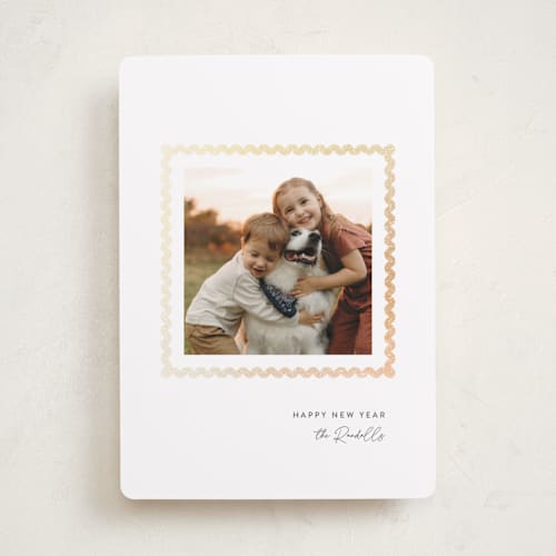 This is a snow foil pressed holiday cards with foil pressed by mo kelley called rick rack frame printing on recycled smooth signature in standard