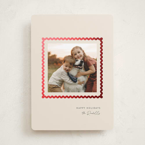 This is a creme foil pressed holiday cards with foil pressed by mo kelley called rick rack frame printing on recycled smooth signature in standard