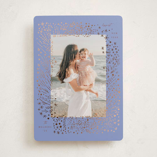 This is a periwinkle foil pressed holiday cards with foil pressed by Hannah Williams called fireworks frame printing on recycled smooth signature in standard