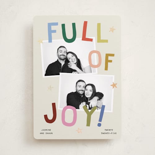 This is a jubilant foil pressed holiday cards with foil pressed by Kercia Jane called full of joy (& cheer) printing on recycled smooth signature in standard