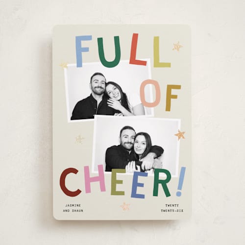 This is a jubilant foil pressed holiday cards with foil pressed by Kercia Jane called full of joy (& cheer) printing on recycled smooth signature in standard