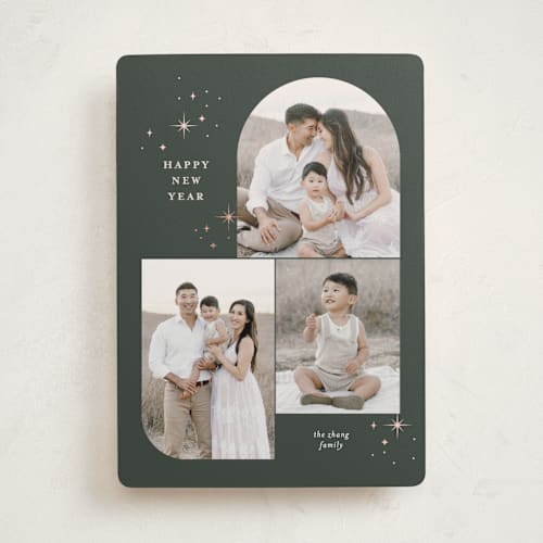 This is a cedar foil pressed holiday cards with foil pressed by Pixel and Hank called joy trio printing on recycled smooth signature in standard