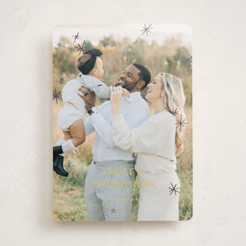 This is a star foil pressed holiday cards with foil pressed by Wildfield Paper Co called twinkle! printing on recycled smooth signature in standard