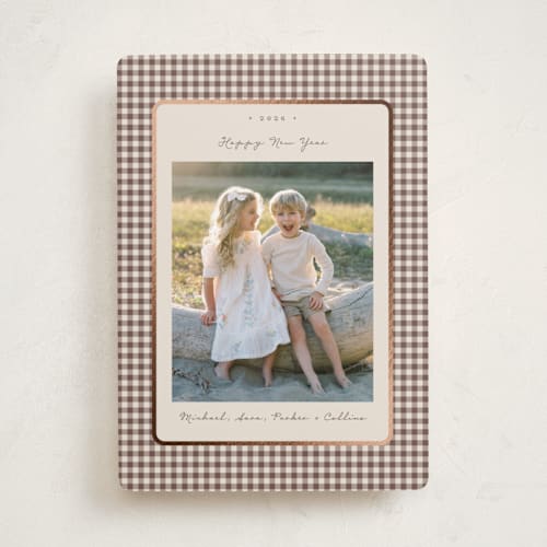 This is a gingerbread latte foil pressed holiday cards with foil pressed by Emily Betts called gingham vintage printing on recycled smooth signature in standard