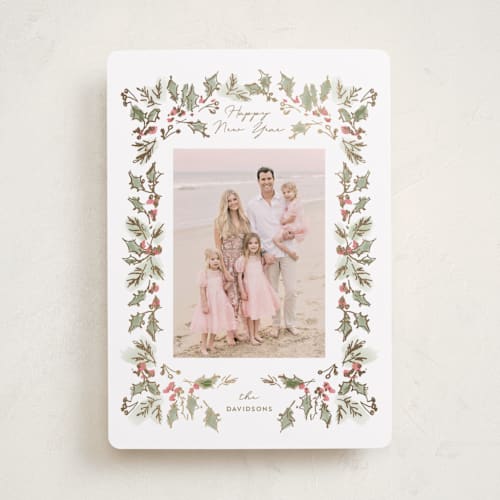 This is a snow foil pressed holiday cards with foil pressed by Rebecca Durflinger called sketched winter botanicals printing on recycled smooth signature in standard