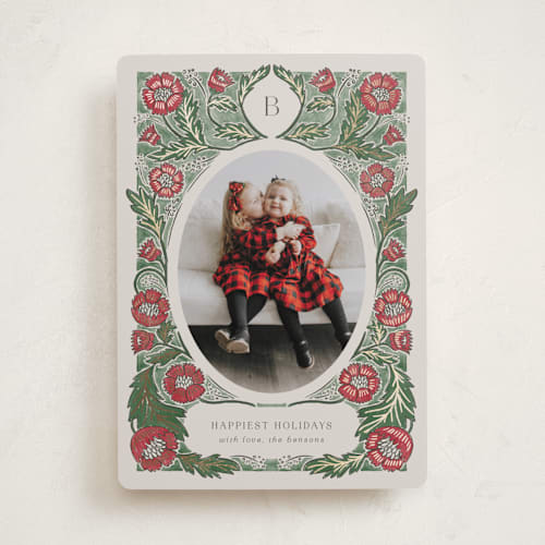This is a poinsettia foil pressed holiday cards with foil pressed by Jen Owens called monogram nouveau printing on recycled smooth signature in standard