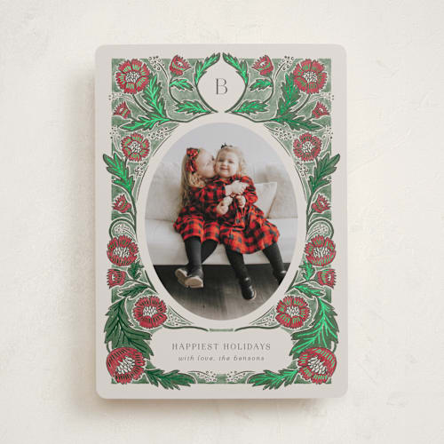 This is a poinsettia foil pressed holiday cards with foil pressed by Jen Owens called monogram nouveau printing on recycled smooth signature in standard