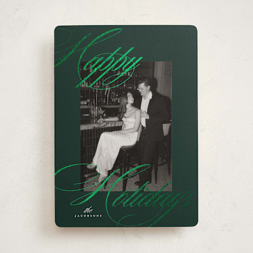 This is a evergreen foil pressed holiday cards with foil pressed by Carolyn Nicks called dreamy printing on recycled smooth signature in standard