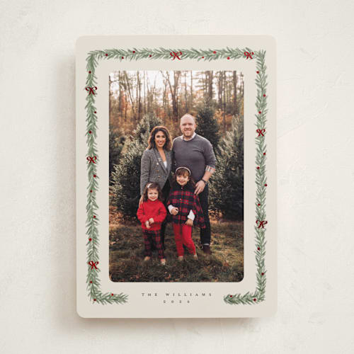 This is a eggnog foil pressed holiday cards with foil pressed by Adelyn T. called pine and bow printing on recycled smooth signature in standard