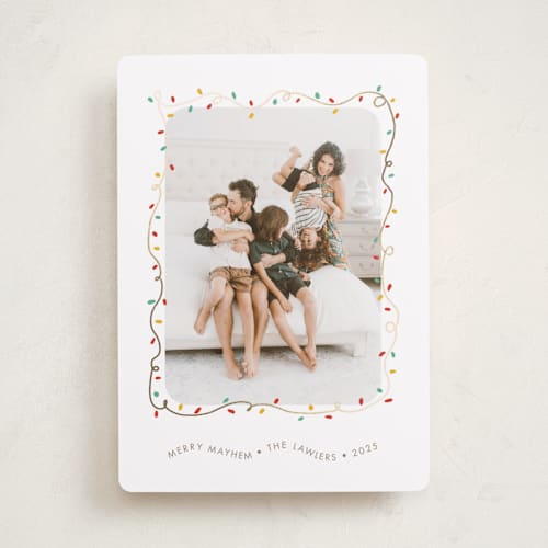 This is a frosting foil pressed holiday cards with foil pressed by Holly Whitcomb called crazy lights printing on recycled smooth signature in standard
