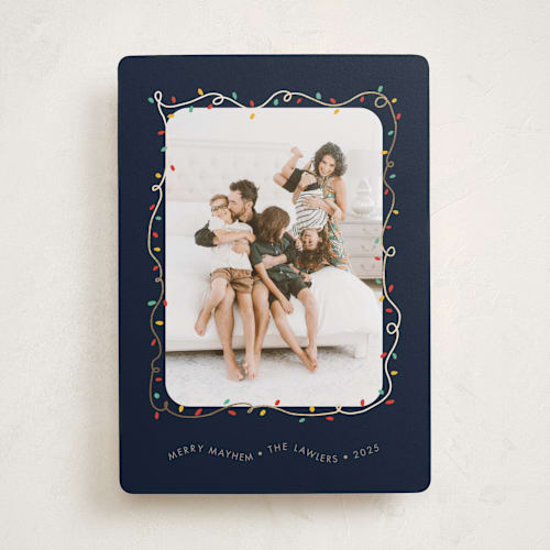 This is a midnight foil pressed holiday cards with foil pressed by Holly Whitcomb called crazy lights printing on recycled smooth signature in standard