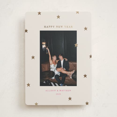 This is a confetti foil pressed holiday cards with foil pressed by Kercia Jane called tiny star confetti printing on recycled smooth signature in standard