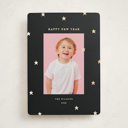 This is a midnight foil pressed holiday cards with foil pressed by Kercia Jane called tiny star confetti printing on recycled smooth signature in standard