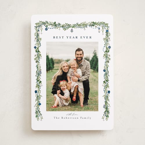 This is a winterberry foil pressed holiday cards with foil pressed by Susan Moyal called pine garland printing on recycled smooth signature in standard