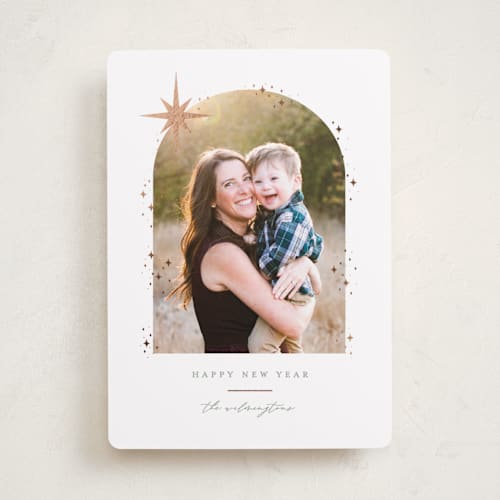 This is a spruce foil pressed holiday cards with foil pressed by Ally Madison called shining stardust printing on recycled smooth signature in standard