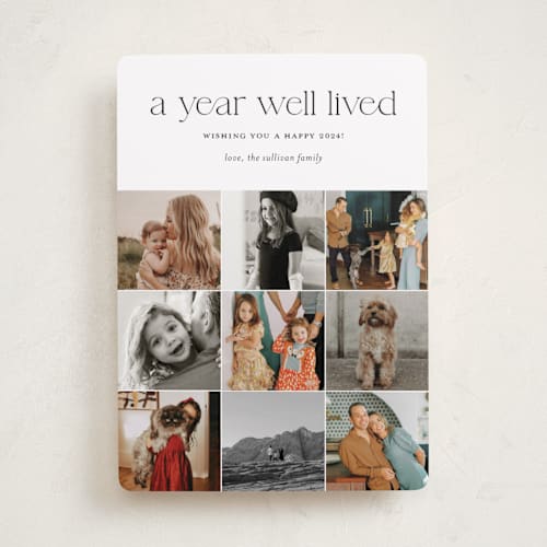 This is a midnight new year photo cards with standard by Shari Margolin called annual review printing on recycled smooth signature in standard
