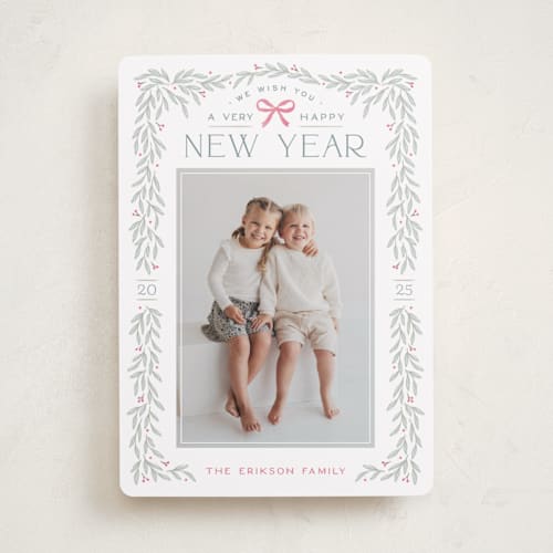 This is a berry new year photo cards with standard by Hooray Creative called christmas garland printing on recycled smooth signature in standard