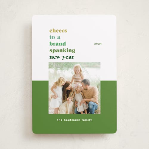 This is a elf shoes new year photo cards with standard by Nazia Hyder called brand spanking new printing on recycled smooth signature in standard