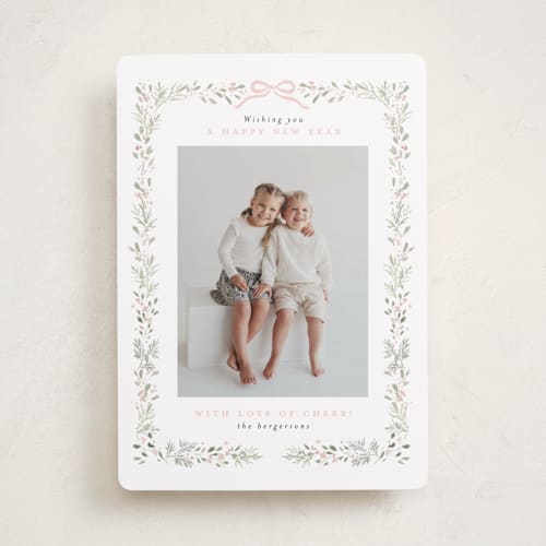 This is a blush new year photo cards with standard by Itsy Belle Studio called bountiful boughs printing on recycled smooth signature in standard