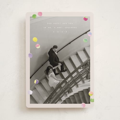 This is a cream new year photo cards with standard by Anastasia Makarova called our new era printing on recycled smooth signature in standard
