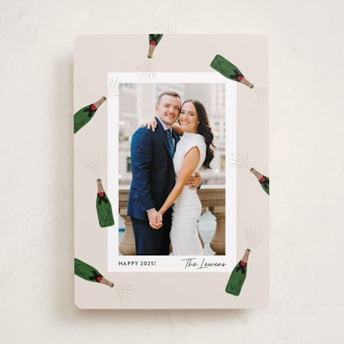 This is a eggnog new year photo cards with standard by Shari Margolin called popping bottles printing on recycled smooth signature in standard