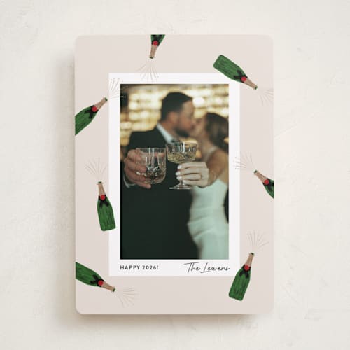 This is a eggnog new year photo cards with standard by Shari Margolin called popping bottles printing on recycled smooth signature in standard