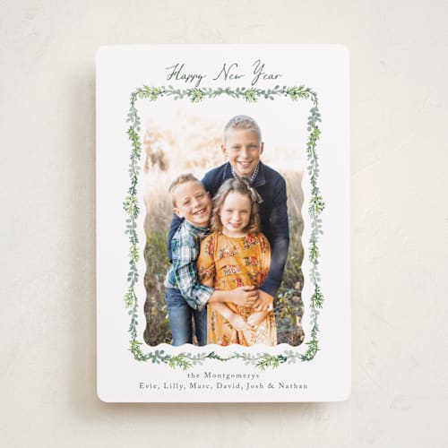This is a wreath new year photo cards with standard by Petra Kern called scalloped greenery printing on recycled smooth signature in standard