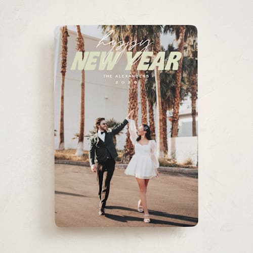 This is a pistachio new year photo cards with standard by Kate Ahn called bold and festive printing on recycled smooth signature in standard