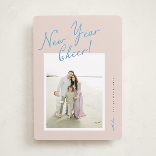 This is a cotton candy new year photo cards with standard by Pixel and Hank called inscribed printing on recycled smooth signature in standard