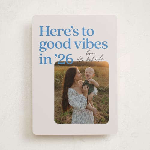 This is a bluebell new year photo cards with standard by Jackie Crawford called good vibes in 25 printing on recycled smooth signature in standard