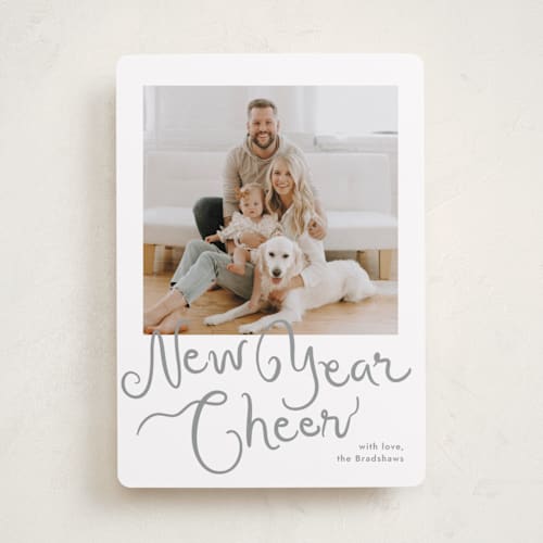 This is a tinsel new year photo cards with standard by Megan Davis called meringue printing on recycled smooth signature in standard