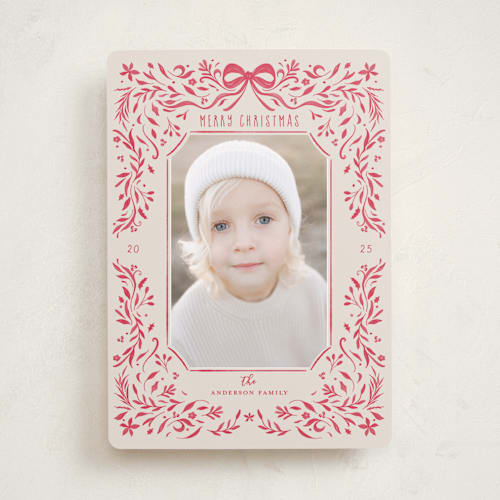 This is a poinsettia holiday photo cards with standard by Anne Ciotola called one red bow printing on recycled smooth signature in standard